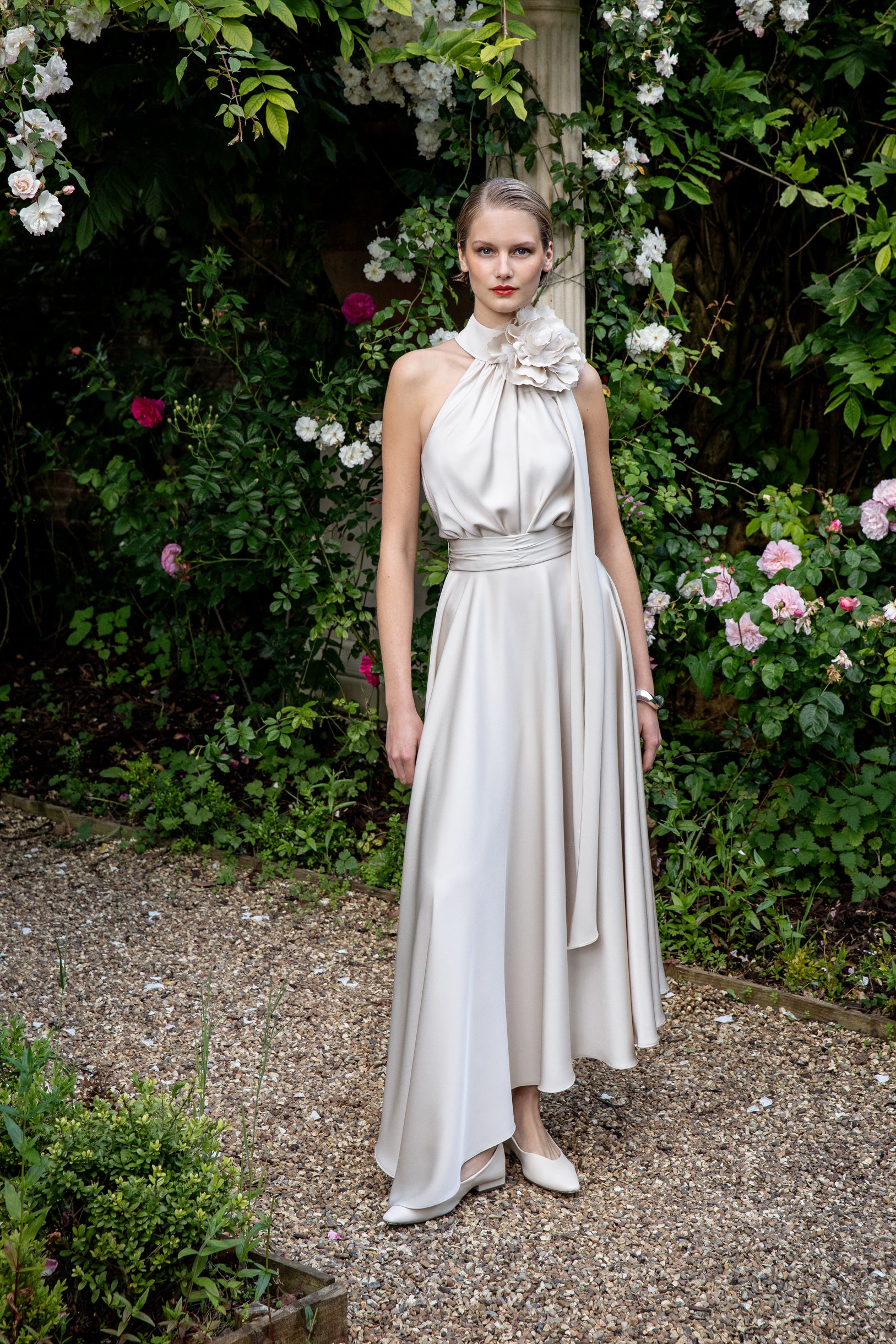Maisonel ME3004 Draped bodice and skirt with flower detail Oyster
