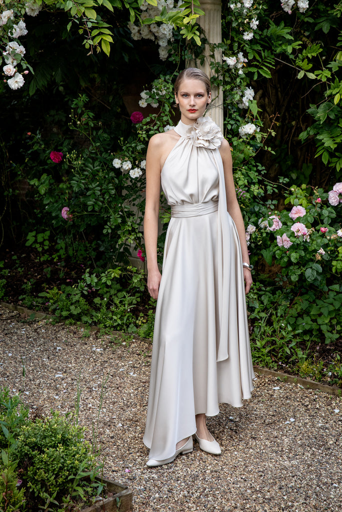 Maisonel ME3004 Draped bodice and skirt with flower detail Oyster