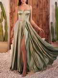 F & P 886003  Satin corset full skirt dress  Sage green