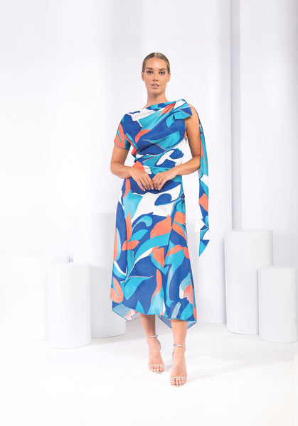 Kevan Jon DIdi Tropical satin Drape Blue and Orange