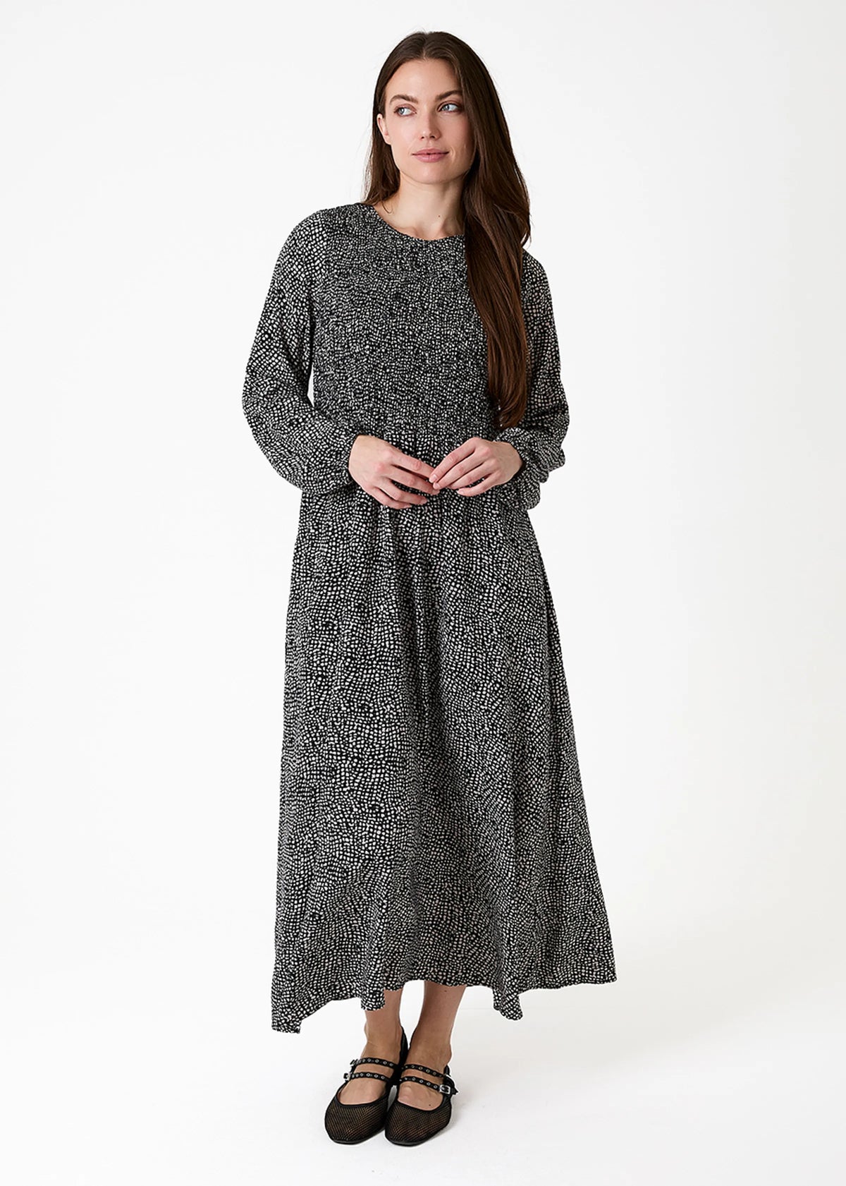 Dreams London AA0597 Cobbled Spot Long Sleeve Shirring Dress