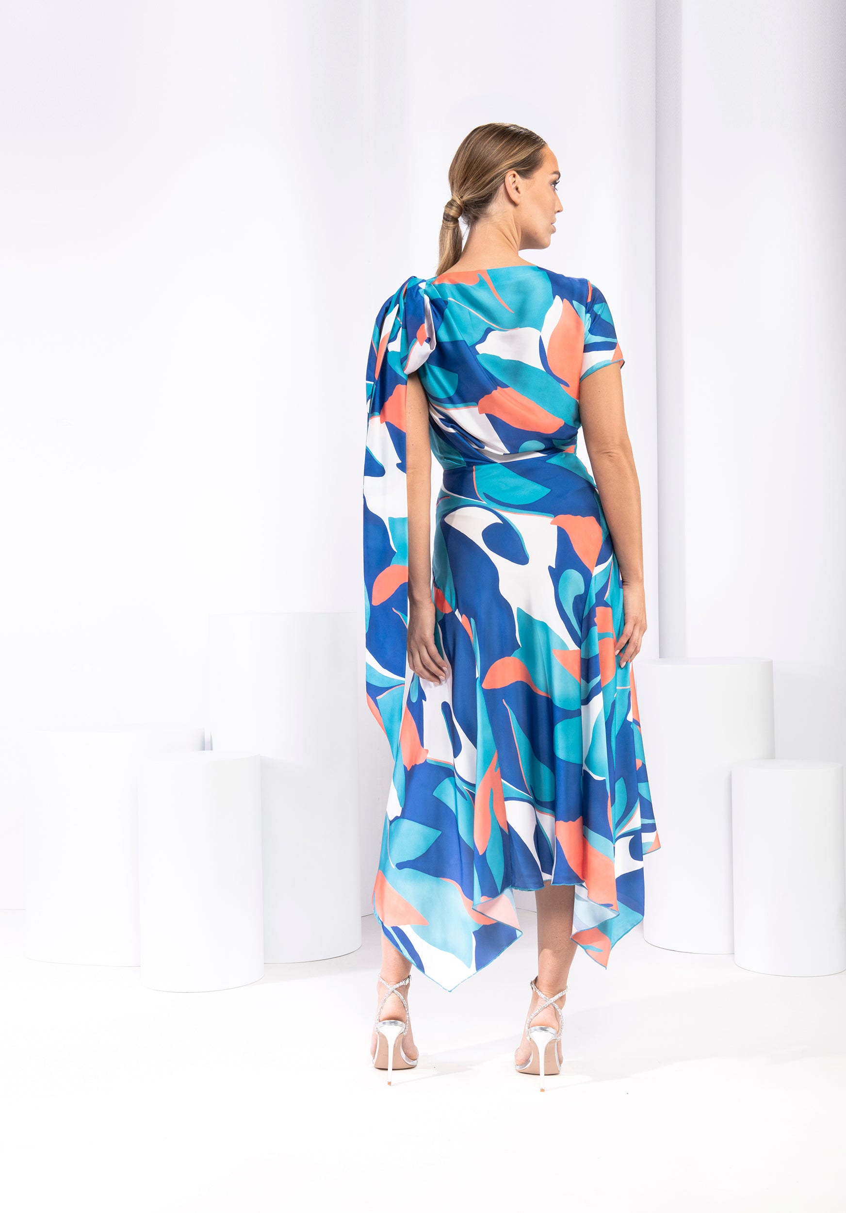 Kevan Jon DIdi Tropical satin Drape Blue and Orange