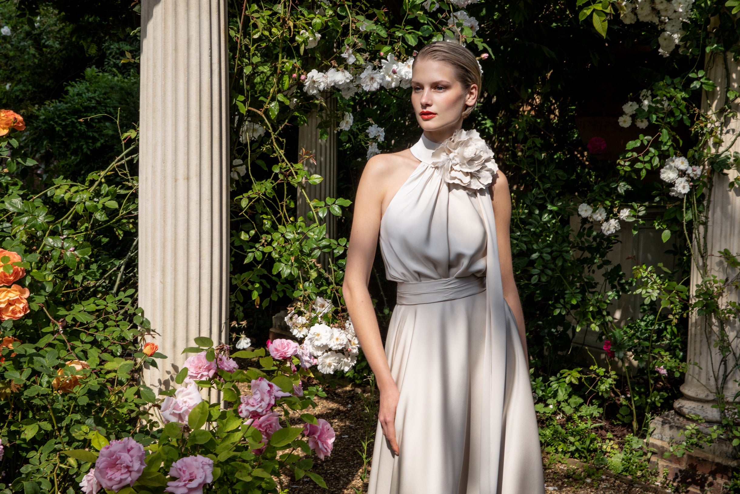 Maisonel ME3004 Draped bodice and skirt with flower detail Oyster