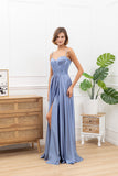 F & P 886003  Satin corset full skirt dress Blue