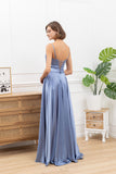 F & P 886003  Satin corset full skirt dress Blue