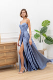F & P 886003  Satin corset full skirt dress Blue