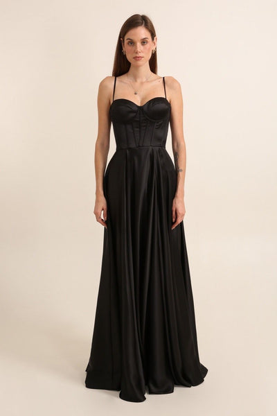 F & P 886003 Satin corset full skirt dress Black