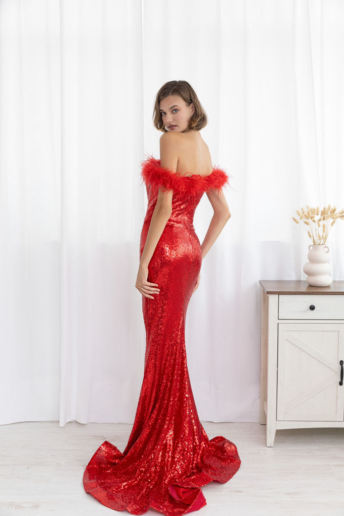 F & P 883015 Sequin feather bardot dress Red