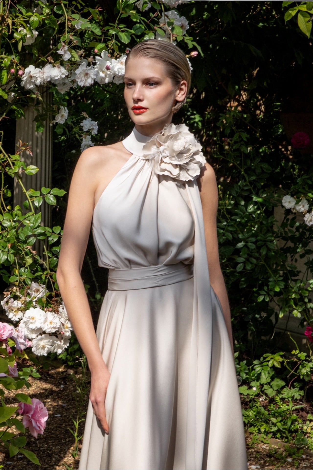 Maisonel ME3004 Draped bodice and skirt with flower detail Oyster