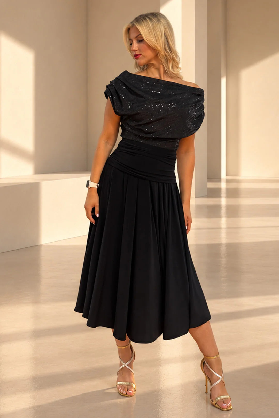 ATOM LABEL CARBON TEA LENGTH DRESS IN BLACK SEQUIN & BLACK
