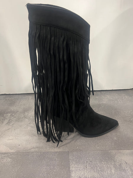 Feather trim ankle boot- black