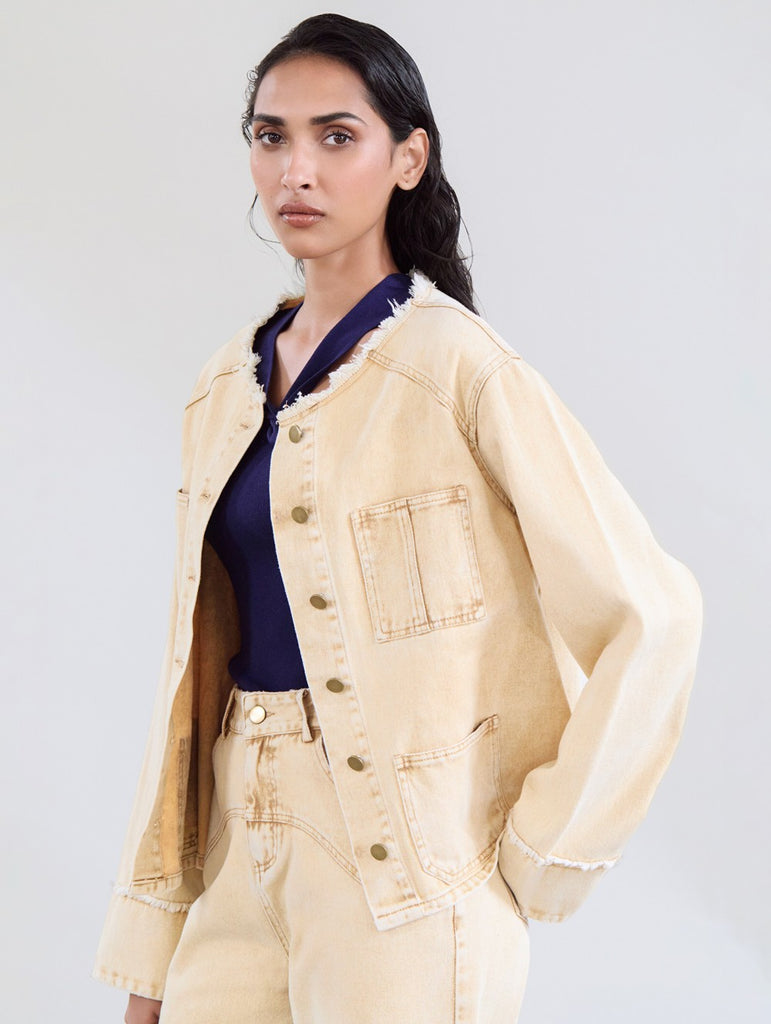 SKATIE BRAND denim jacket washed effect fringes