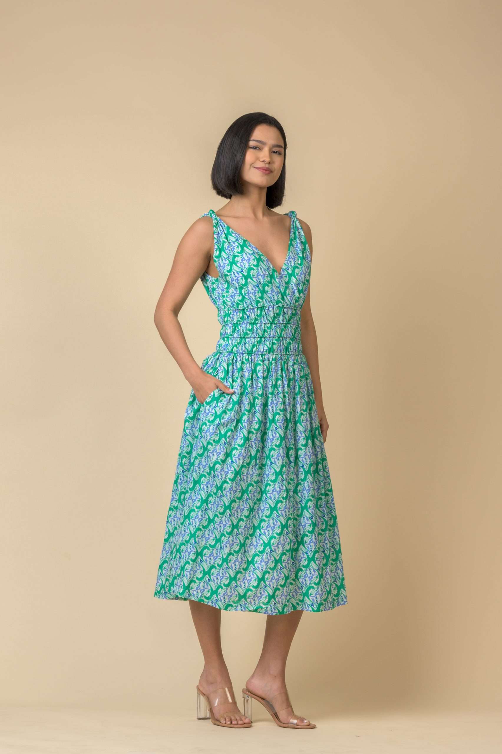 Handprint Dream AN1132B. Lindsay dress. Carnation green