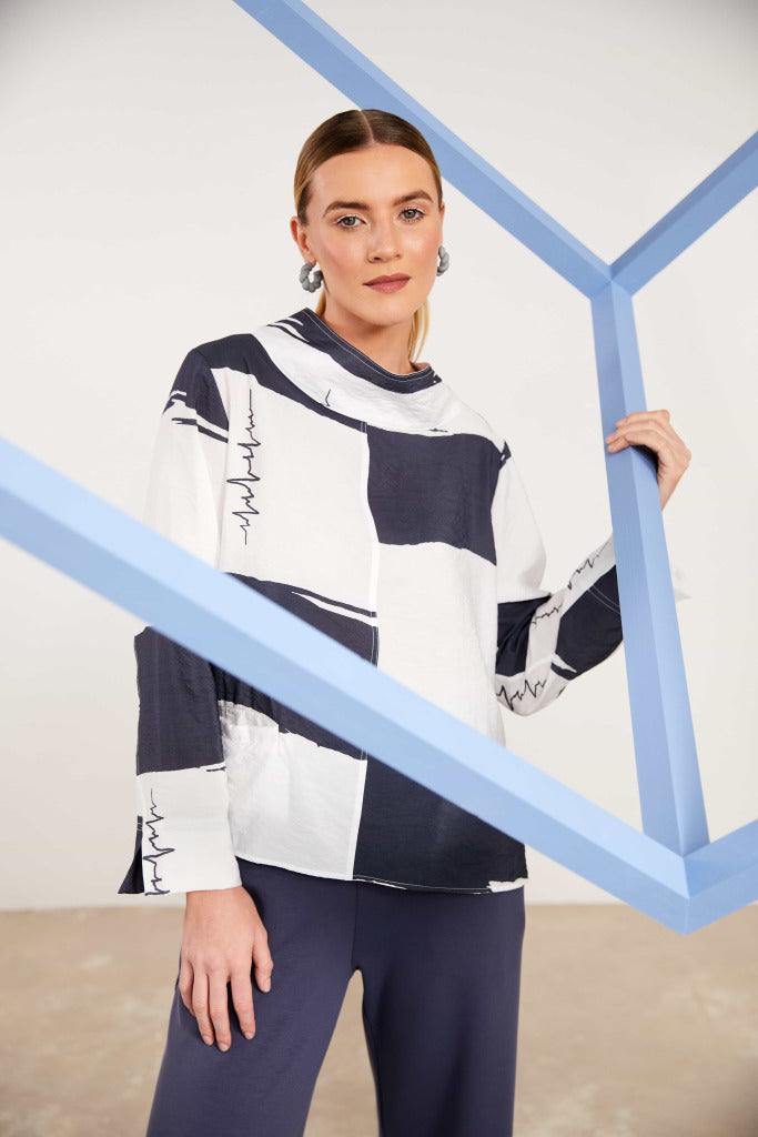 NAYA NAS25175 Block color high neck top with script print detail