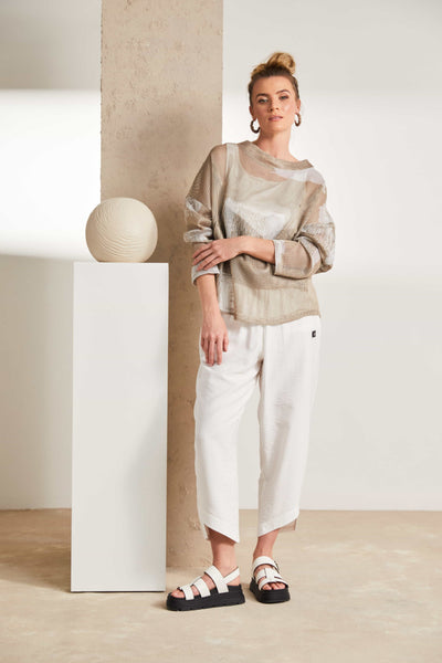 NAYA NAS25186 Faded block mesh print top with funnel neck