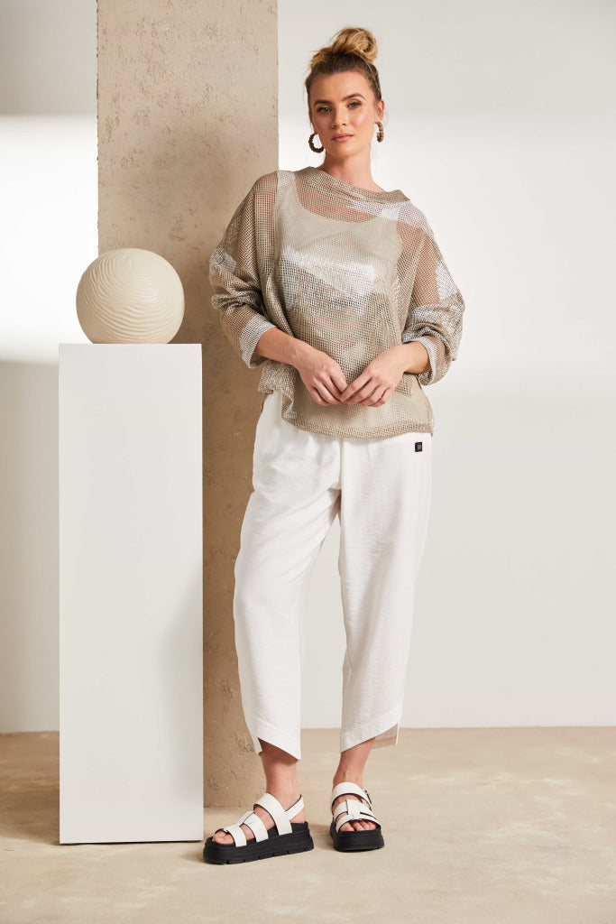 NAYA NAS25186 Faded block mesh print top with funnel neck