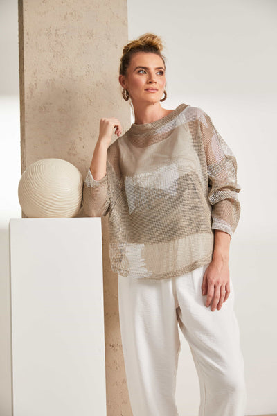 NAYA NAS25186 Faded block mesh print top with funnel neck