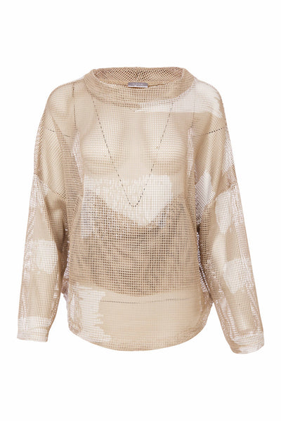 NAYA NAS25186 Faded block mesh print top with funnel neck