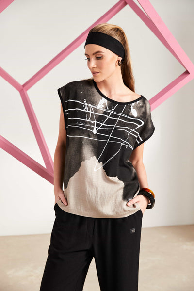 NAYA NAS25205 Spray border drizzle print round neck sleeveless top
