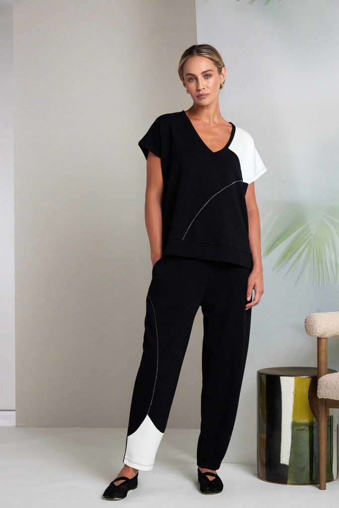 NAYA 26229 Pull Up Trouser With Contrast Curved Panel At Hem