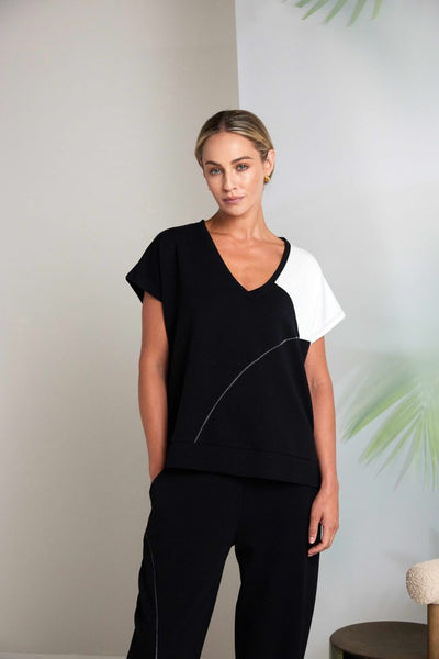 NAYA 26192 Vee Neck Top With Contrast Shoulder Panel