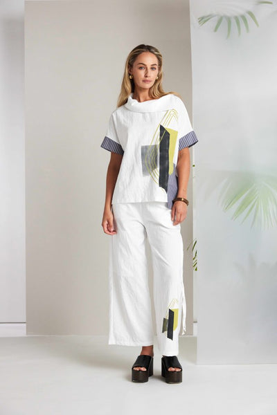 NAYA 26267 Placement Print Collar Top With Stripped Sections