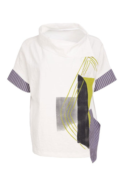 NAYA 26267 Placement Print Collar Top With Stripped Sections