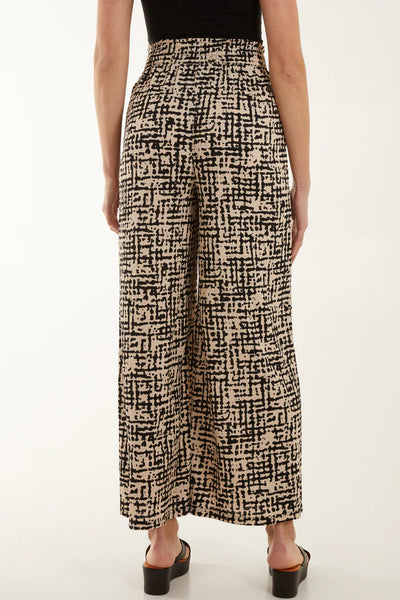 SHIRRED WAISTBAND WIDE LEG PRINTED TROUSERS