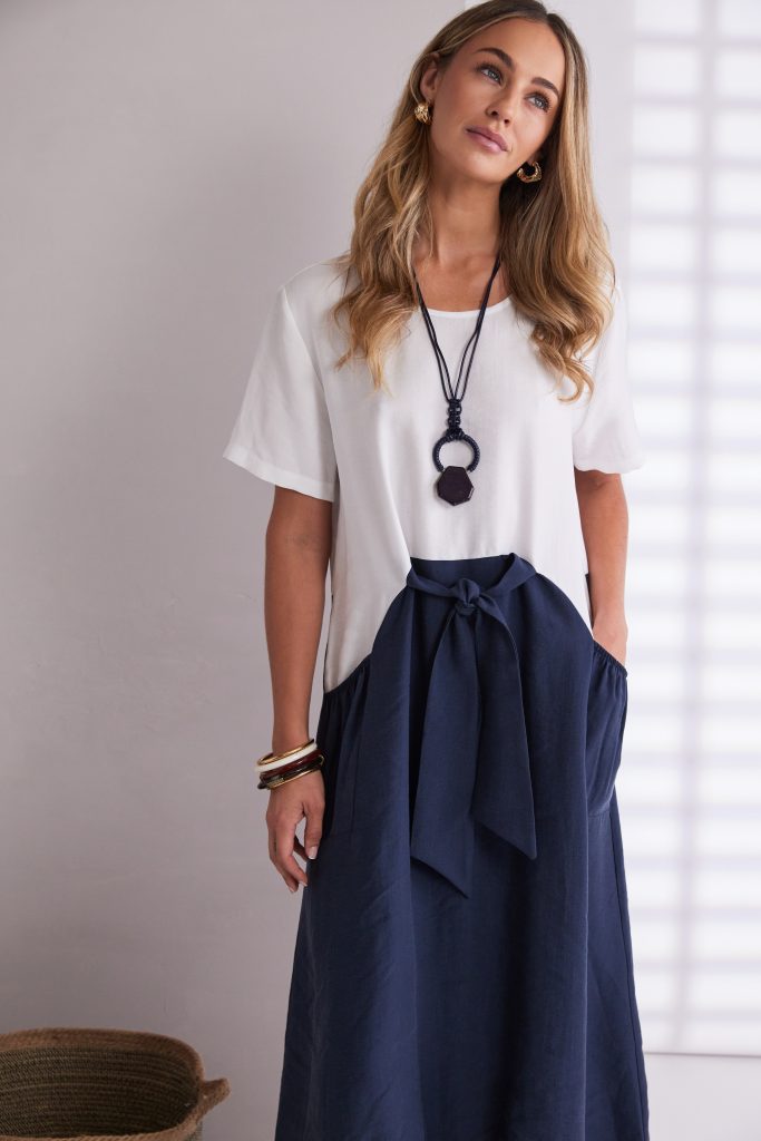 NAYA NPA26127 Dress with contrast colour skirt white/eclipse