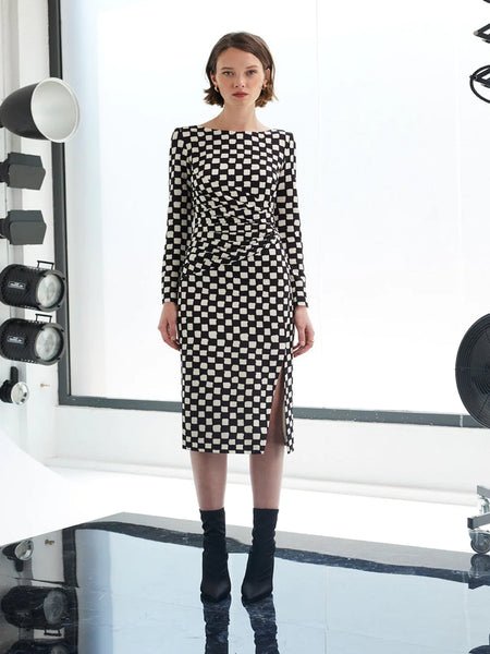 Checker Jersey orb Cowl Dress