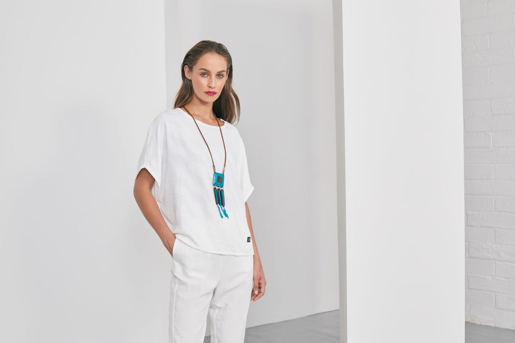NAYA NAS23 282 taupe and blue square stone necklace