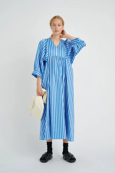 Light blue and top white striped dress