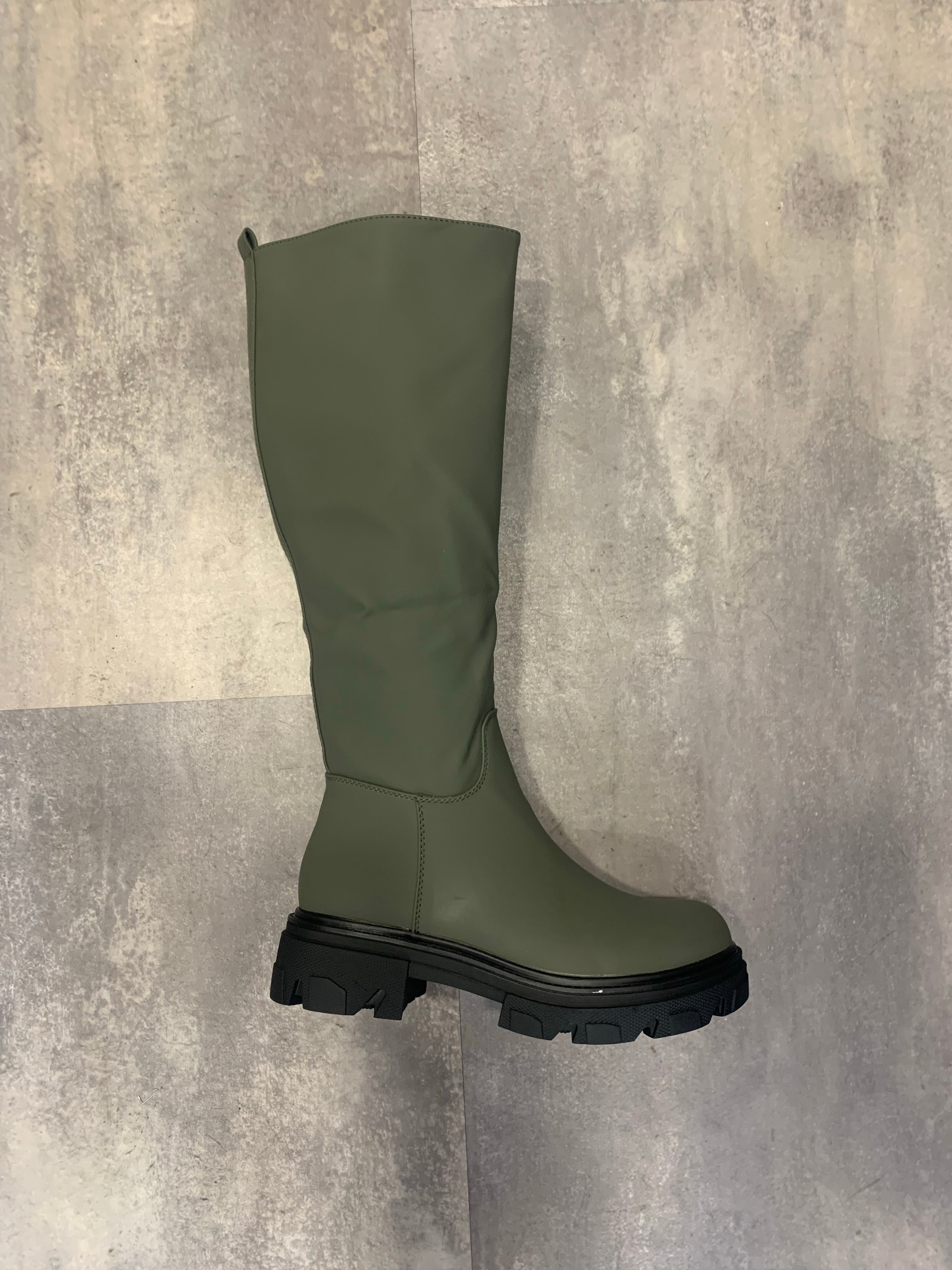 Pull on olive high stomper boot