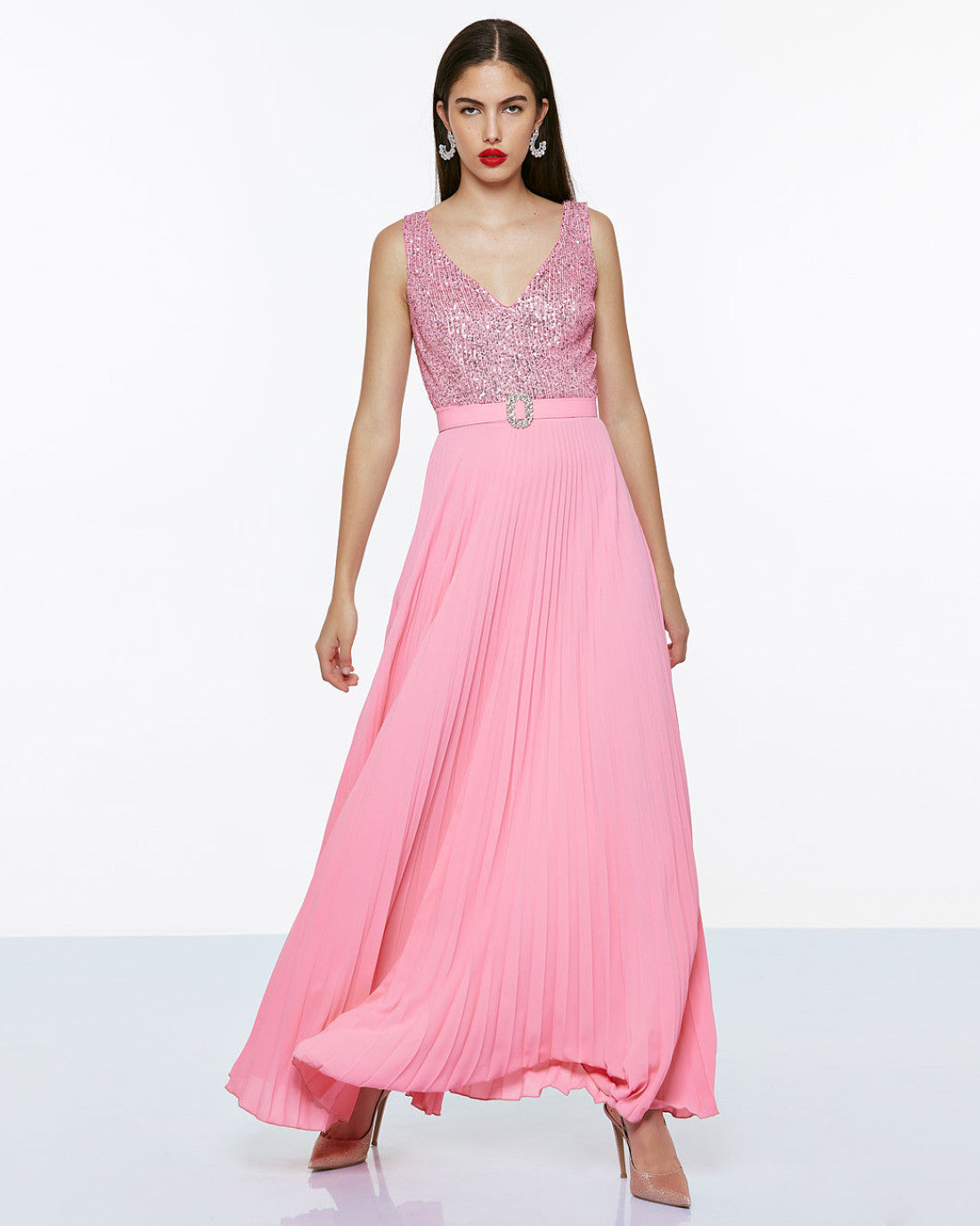 Access fashion maxi sleeveless pleated dress lilac