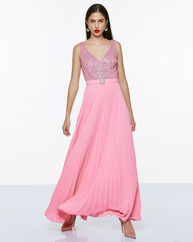 Access fashion maxi sleeveless pleated dress lilac