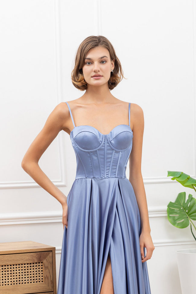 F & P 886003  Satin corset full skirt dress Blue