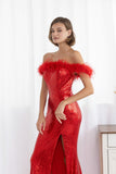 F & P 883015 Sequin feather bardot dress Red