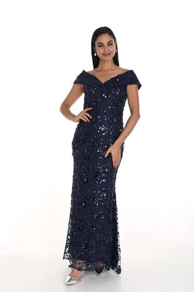 Frank Lyman Navy Sequin Bardot Dress