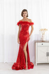 F & P 883015 Sequin feather bardot dress Red
