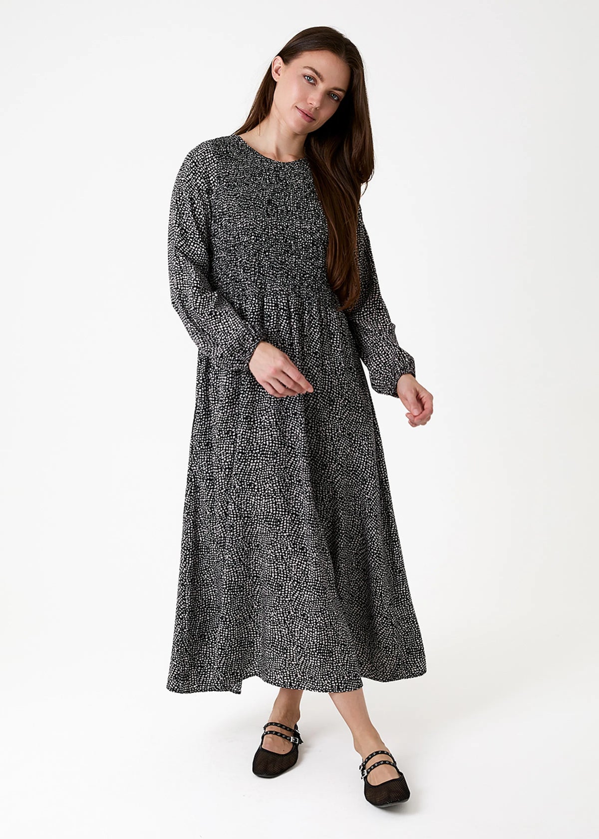 Dreams London AA0597 Cobbled Spot Long Sleeve Shirring Dress