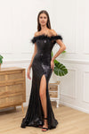 F & P 883015 Sequin feather bardot dress Black