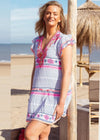 Place Du Soleil Ikat Blue & Pink Flowers Short Dress