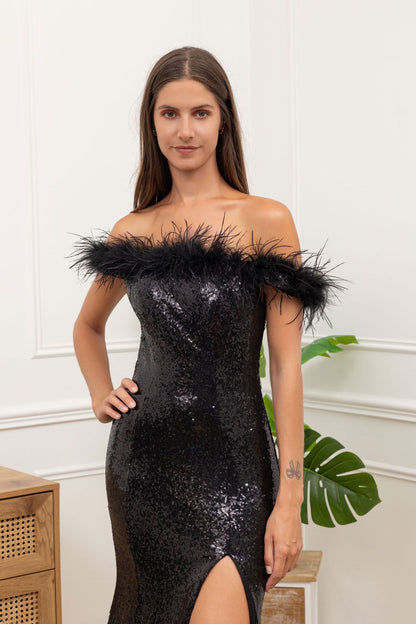 F & P 883015 Sequin feather bardot dress Black