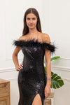F & P 883015 Sequin feather bardot dress Black