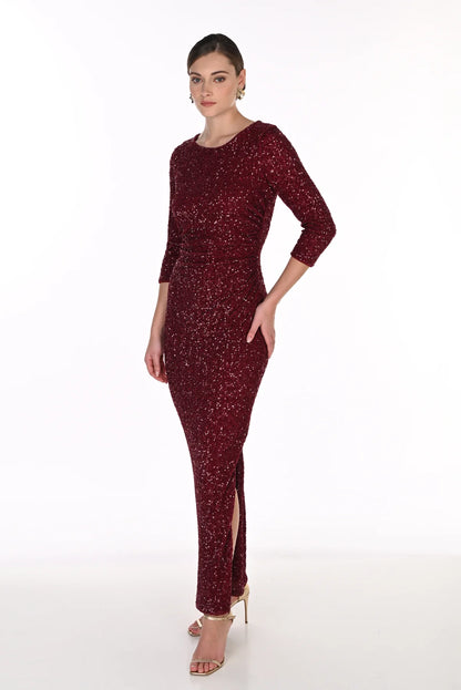 Frank Lyman 269234 Knit Sequin Dress. Cabernet