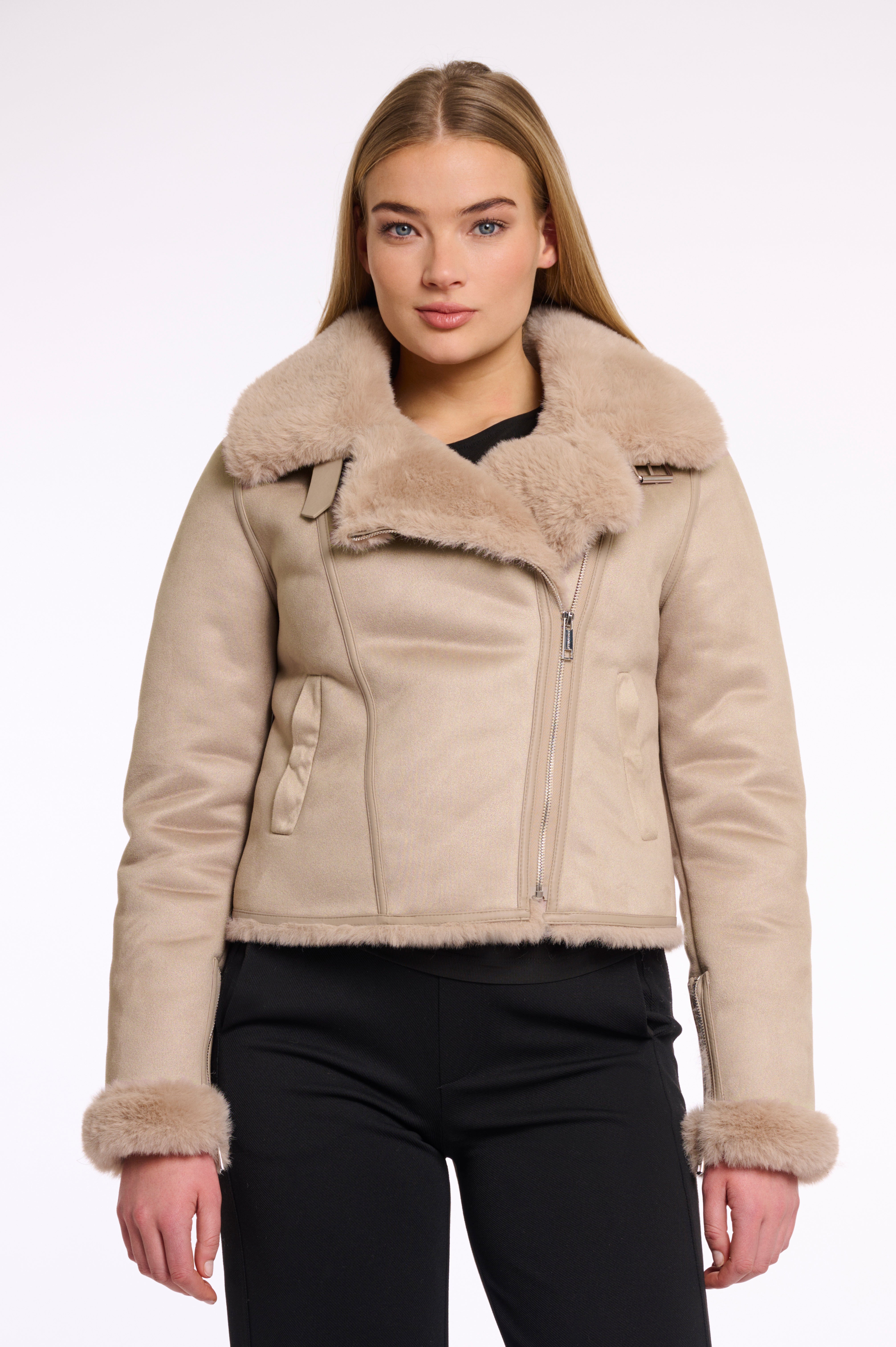 Rino & Pelle  BACIA FAUX FUR BIKER JACKET - Oat