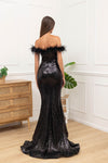 F & P 883015 Sequin feather bardot dress Black