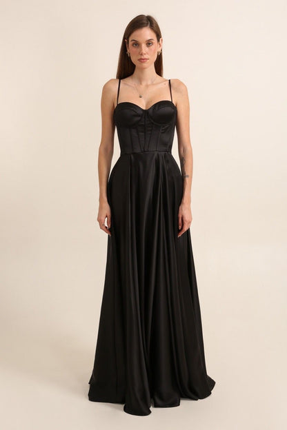 F & P 886003  Satin corset full skirt dress  Black