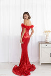 F & P 883015 Sequin feather bardot dress Red
