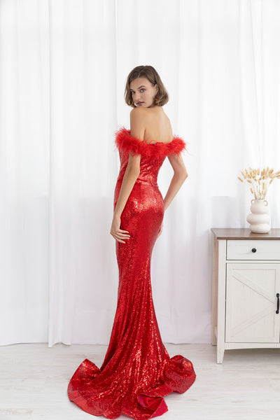 F & P 883015 Sequin feather bardot dress Red